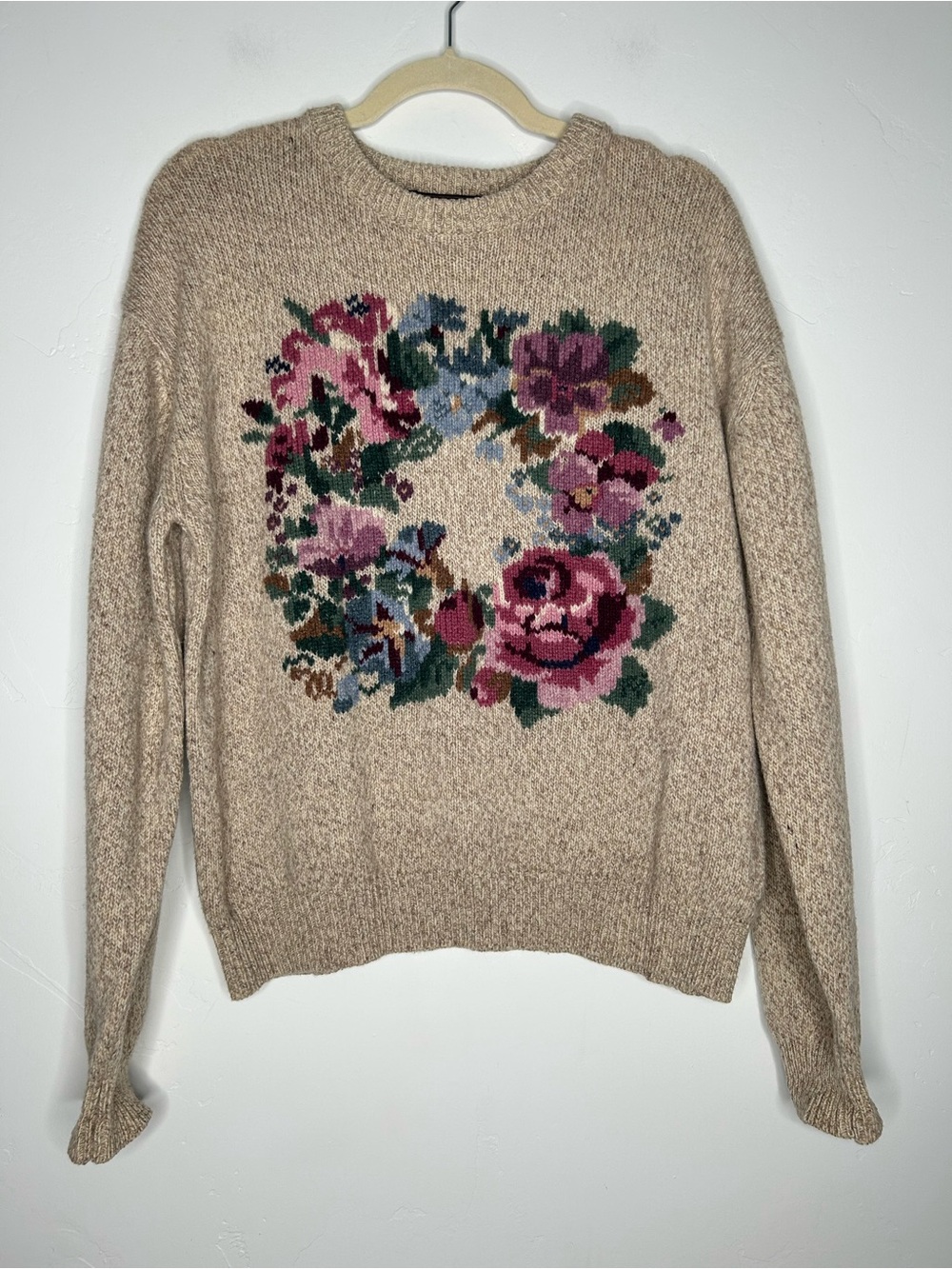 Vintage Eddie Bauer Tan Crewneck Sweater with Floral Wreath Wool Blend Large